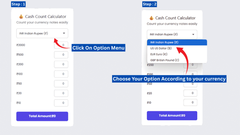 Interface of the Cash Count Calculator showing total cash calculation