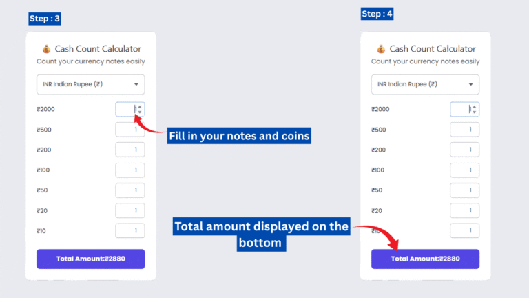 Interface of the Cash Count Calculator showing total cash calculation