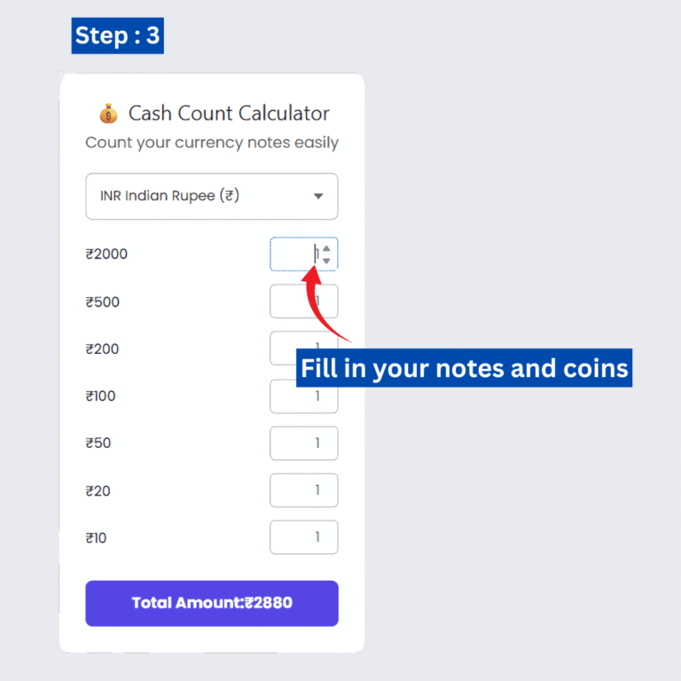 Interface of the Cash Count Calculator showing total cash calculation