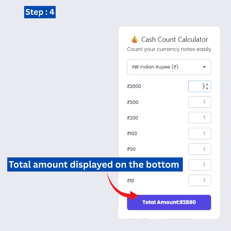 Interface of the Cash Count Calculator showing total cash calculation